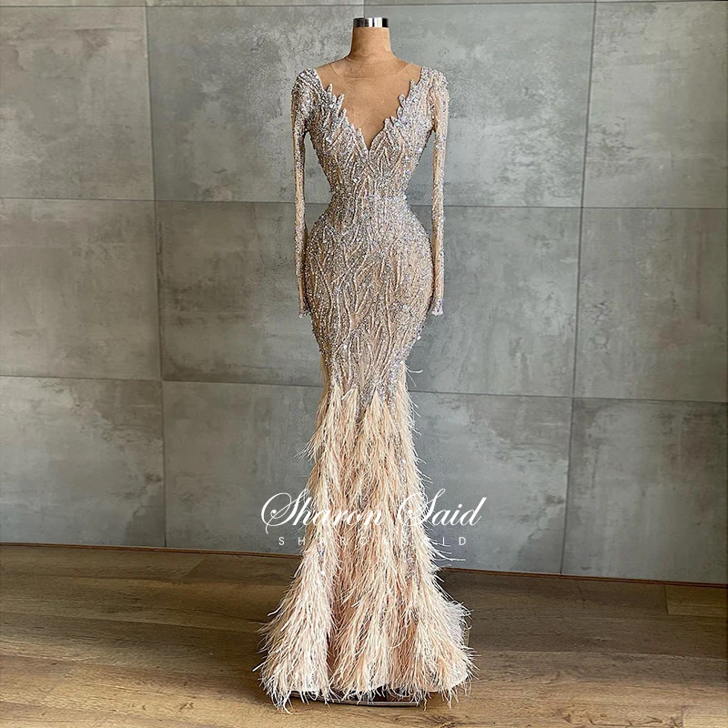 Luxury Silver Nude Mermaid Muslim Evening Dresses 2021 Long Sleeve Dubai Feather African Prom Dress For Women Wedding Party Gown - Evening Dresses image