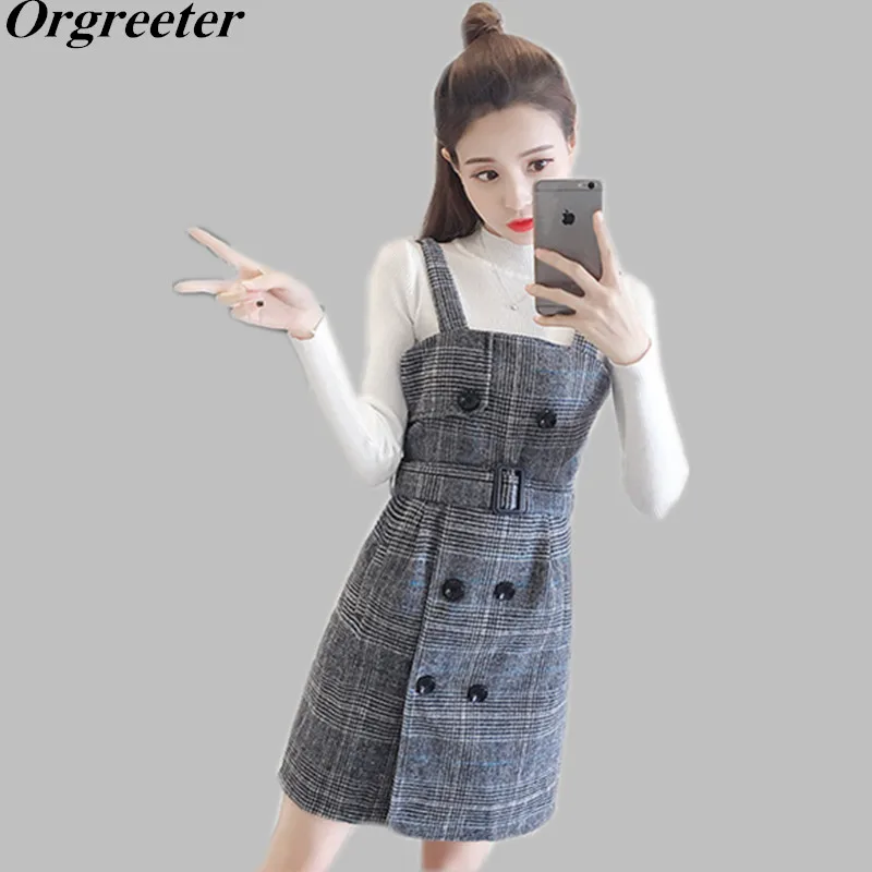 White and Gray Set Твидовое платье наборы Осень Зима Мода белый/черный свитер и двубортные с поясом тонкие подтяжки платье Женский комплект 2 шт - Цвет: White and Gray Set