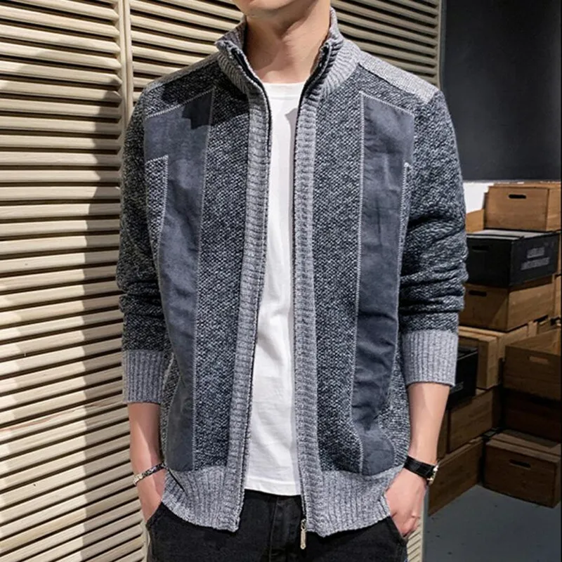 

Men's Sweater Cardigan Winter New Male Stitching Sweater British Style Warm Long-sleeved Jacket Casual Knitted Jacket Coat