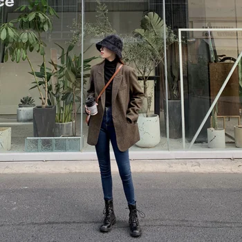 

Fashion Autumn Women Stripe Woolen Blazers and Jackets Work Office Lady Suit Slim Double Breasted Business Female Blazer Coat