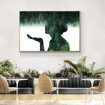 

Double Exposure Forest Woman oil Painting on Canvas Posters and Prints Scandinavian Wall Art Picture for living room Home Decor