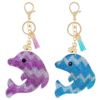 

Creative Korean Velvet Colored Rhinestone Cute Dolphin Keychain Pendant Tassel Bell Marine Series Bag Accessories