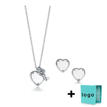 

Original 925 sterling silver series heart-shaped key necklace earrings, gift engraved with classic ladies jewelry free shipping