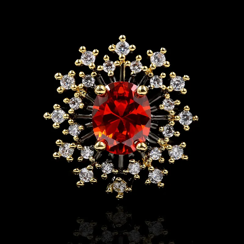 Plata 925 anillo rojo anillo de circonio tipo joyería exagerado anillo girasol de la boda de novia, anillo de asistir a fiesta de cóctel de