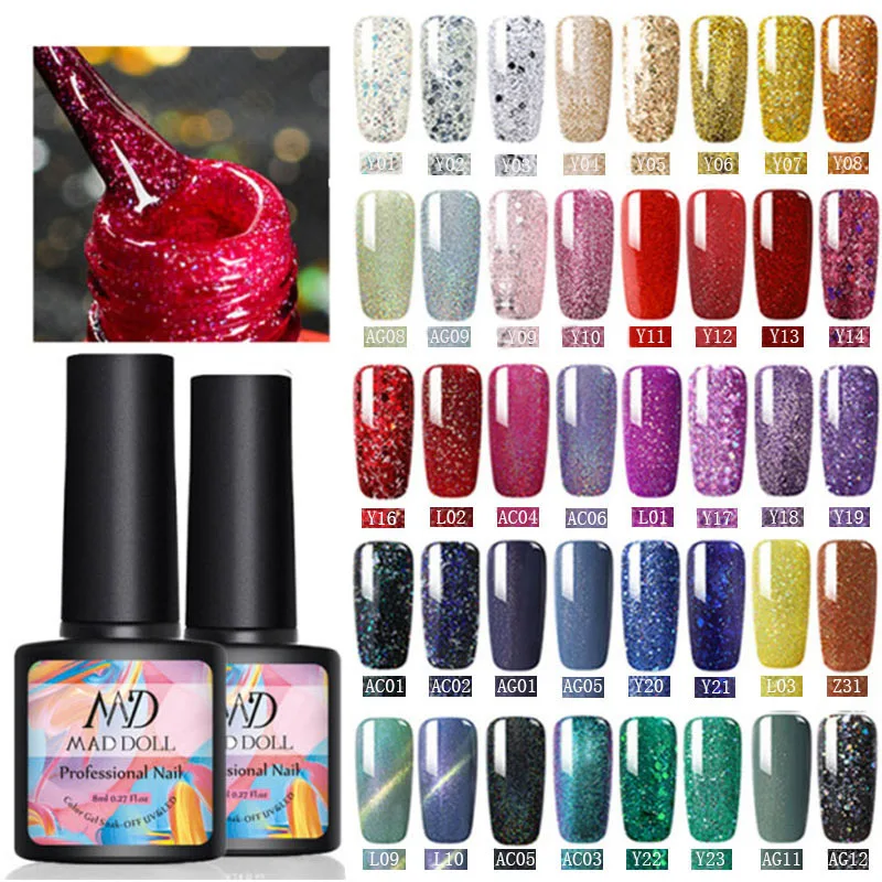 

MAD DOLL 8ml Colorful Sequins Nail UV Gel Polish Semi-Permanent Glitter Nail Art DIY Varnish Soak Off UV Gel Nail Polish