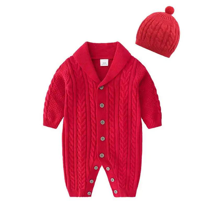 Модный Вязаный комбинезон, спортивный костюм+ Шапки для маленьких девочек одежда для рождественских праздников унисекс подарок на год Новорожденные для мальчиков Детский комбинезон, Одежда для новорожденных - Цвет: Розовый