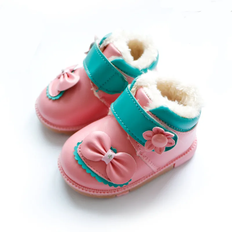 pink Стелька для детей 12-14 см; зимние ботинки для девочек; полиуретановый бант; толстая детская обувь на меху; зимняя обувь для первых ходунков - Цвет: pink