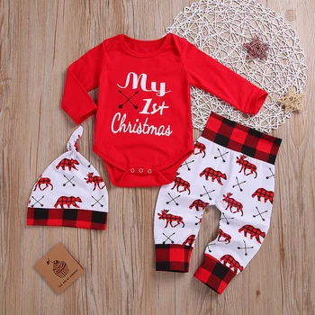 

PatPat 2020 New Spring and Autumn 3-piece Baby MY 1ST CHRISTMAS Bodysuit and Animal Pants with Hat Set for Baby Unisex