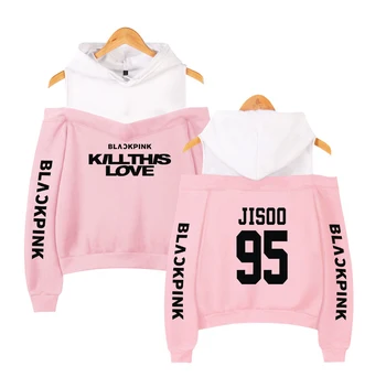 

New Korean Fashion Hoodie Shirt Kpop Blackpink KILLTHISLOVE Off Shoulder Hoodie Women Hooded Sweatshirt Streetwear Hip Hop Style
