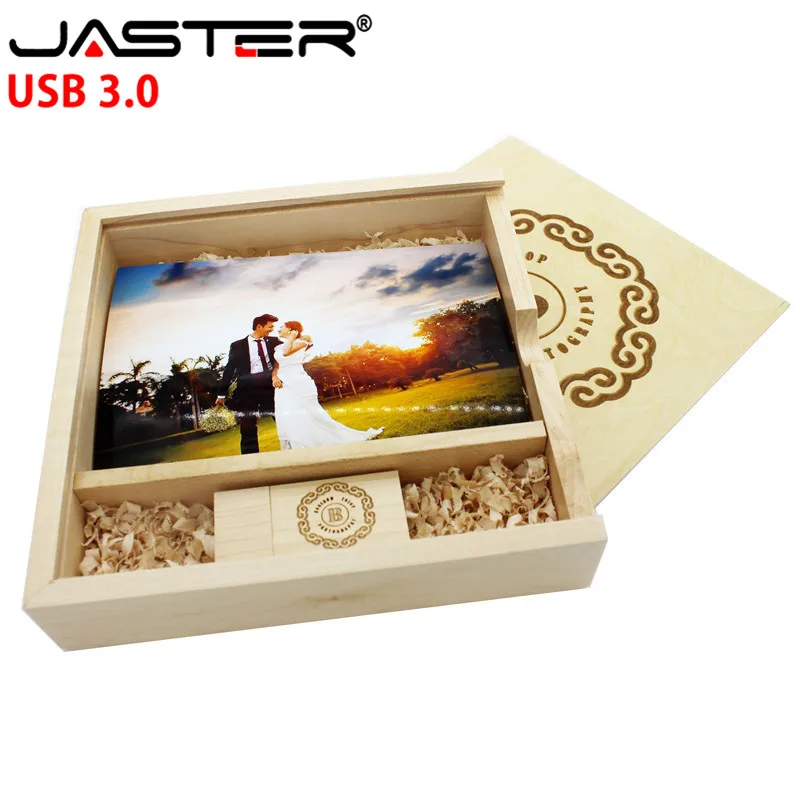 JASTER с логотипом по индивидуальному заказу, деревянная USB 3,0 photo memory stick+ коробка usb flash drive 4 ГБ 8 ГБ 16 ГБ 32 ГБ 64 ГБ Флешка U диск свадебный подарок