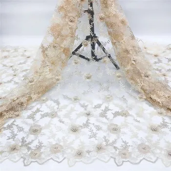 

African gold Lace Fabric 2020 beads Embroidered Nigerian Laces Fabric High Quality French Tulle Lace Fabric For Women Dress