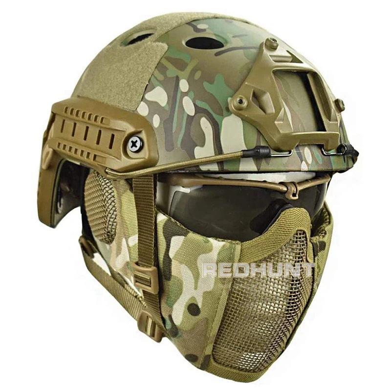 with Ear Protection for CS Games Paintball Shooting PJ-Type Tactical Fast Helmet and Foldable Half-face Mesh Shield and Goggles and Other Outdoor Activities Halloween 