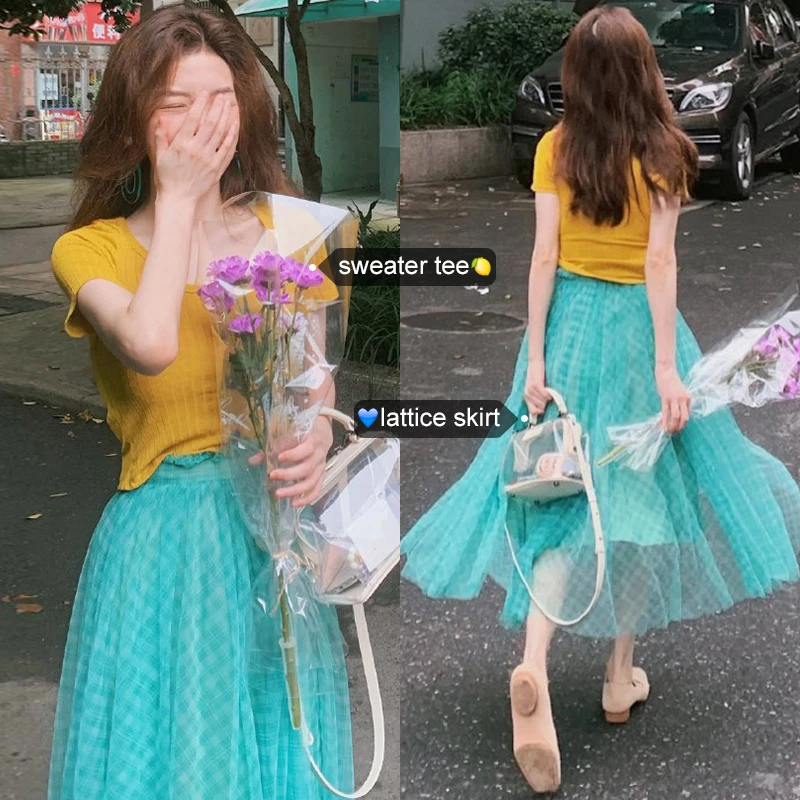 

Flying Mesh Tulle Plaid Skirt Long Women Spring Summer Petite Jupe Longue Falda Larga Gonne Gonna Saia