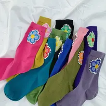 Женские хлопковые носки с вышивкой в клетку, Цветочная аппликация, искусственный жемчуг, чулочно-носочные изделия