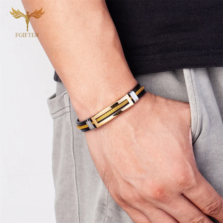 Men Stainless Steel Bracelets Black Silicone Wristband Belt with Golden Chain Cool Wrap Cuff Bangle Fashion Jewelry Accessories bangle bracelet,chain bracelet,stainless steel bracelet