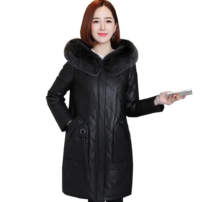 Женская зимняя куртка из натуральной кожи новая модная теплая с капюшоном и