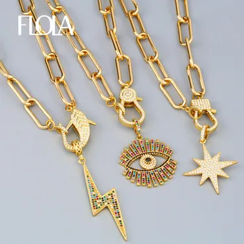 FLOLA Gold Fatima Hand Evil Eye Chain Necklaces For Women Horn Lightning DIY Big Pendant Necklace CZ Fashion Jewelry Gift nkeq81