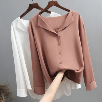 

Early Autumn New Shirt Lazy Wind French Delicate Chiffon Shirt Solid color Wild Cute Fashion Long Sleeve Loose V-neck Shirt