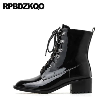 

lace up short custom black brand women winter boots genuine leather ankle high heel suede round toe ladies chunky shoes patent
