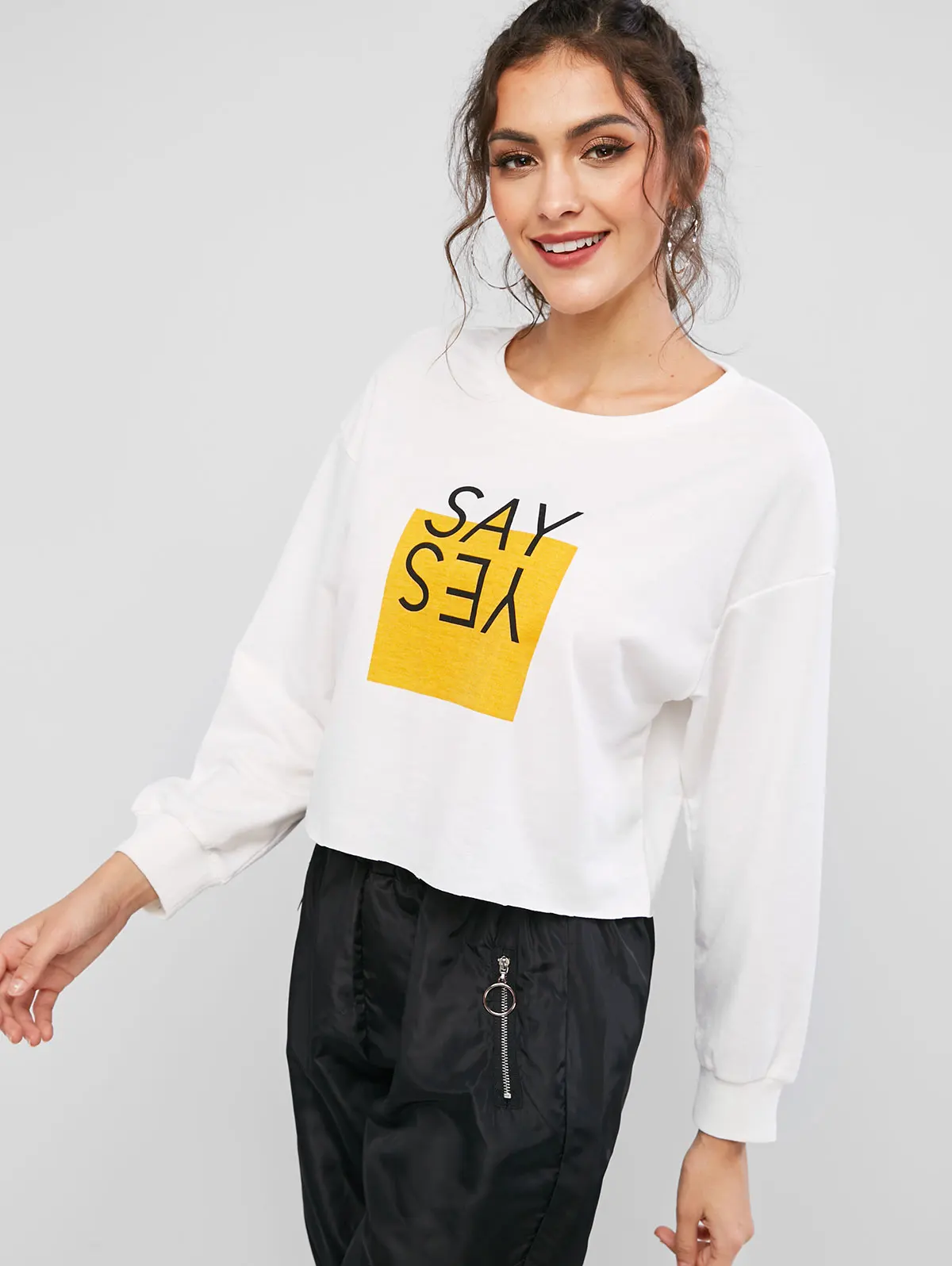 ZAFUL SAY YES Графический осенне-весенний принт подол необработанный край круглый вырез с заниженным плечом длинный рукав женские кофты толстовки