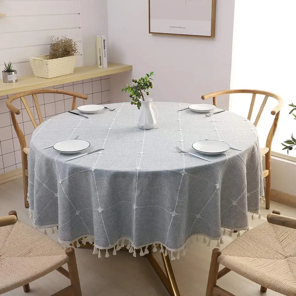 Promotion! Round Tablecloth, Cotton Linen Tassel Table Cover for Kitchen Dinner Table, Decorative Jacquard Table Desk Cover, Dia