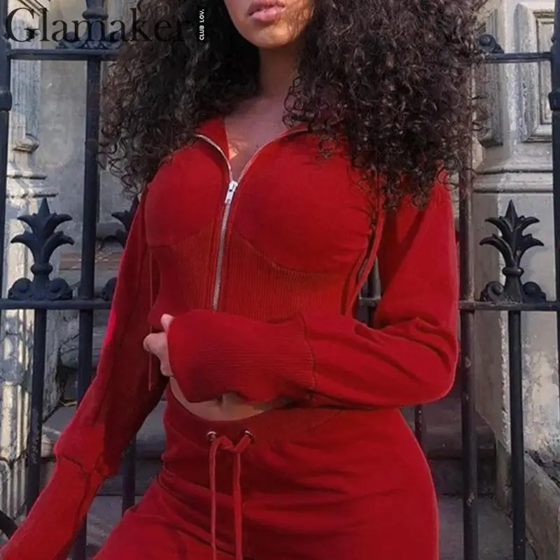 

Glamaker Long sleeve two piece suit jumpsuit Women red autumn winter long jumpsuit romper Female jump suit overalls streetwear