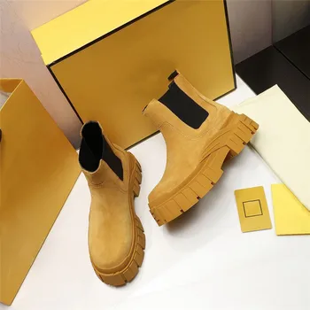 

Retro Flock Ankle Boots Round Toe Slip on Womens Platform Black Wedges Motorcycle Boots Designer Brand Luxury Women Shoes 2020