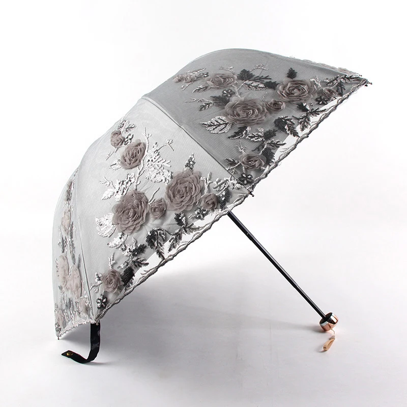 Только Jime кружевной зонт с цветочной вышивкой, трехслойный складной зонт с черным покрытием, зонт с УФ-защитой - Цвет: Gray