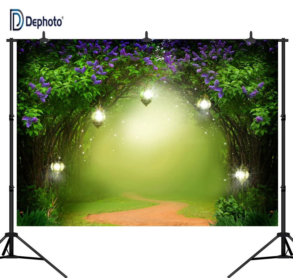 DePhoto Green Leaves Purple Flowers Fairy Tale Jungle Forest Theme Seamless Vinyl Photography Backdrop Photo Background PGT153 |