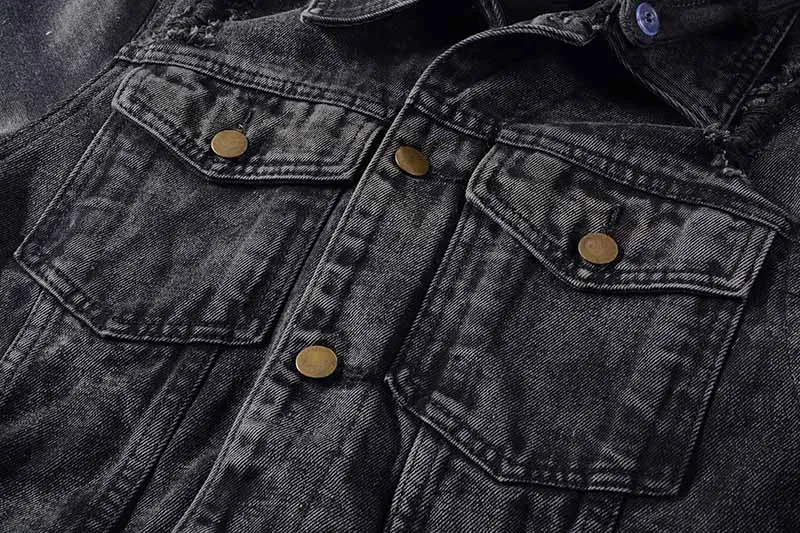 KIOVNO Men's Ripped Denim Jackets Knitted Sleeves Hooded Black Jeans Jackets Outwear For Male High Street  (8)