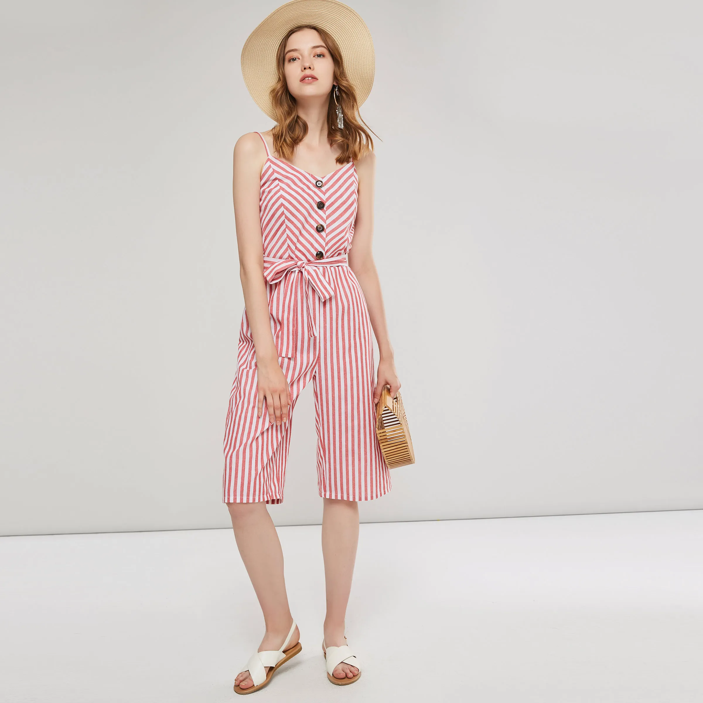 

Women Boho Jumpsuit Pink Sweet Fashion Slim Thin Wide Legs Stripe Button Rompers Beach Cloths For Young Girl Travel 2020 Summer