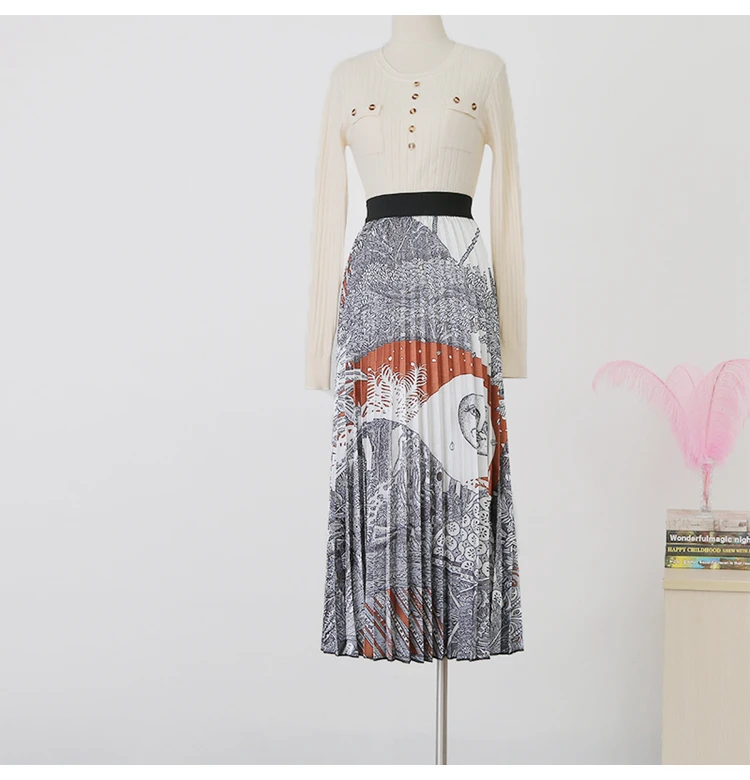 Новая женская юбка с высокой талией и складками, тонкая серая юбка с принтом на осень
