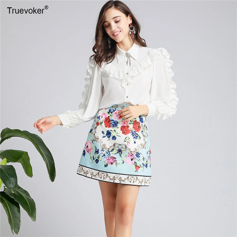 

Truevoker Designer Two Pieces Set Suits Ladies' Full Sleeve White Ruffle Top With Fancy Floral Printed Pencil Skirt Suits