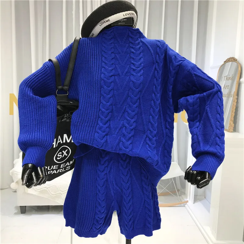ALPHALMODA, зимний женский модный Свободный пуловер, Ретро стиль, твист, толстый свитер+ шорты, вязанный двухсекционный костюм, Одноцветный, Хит, Короткие комплекты
