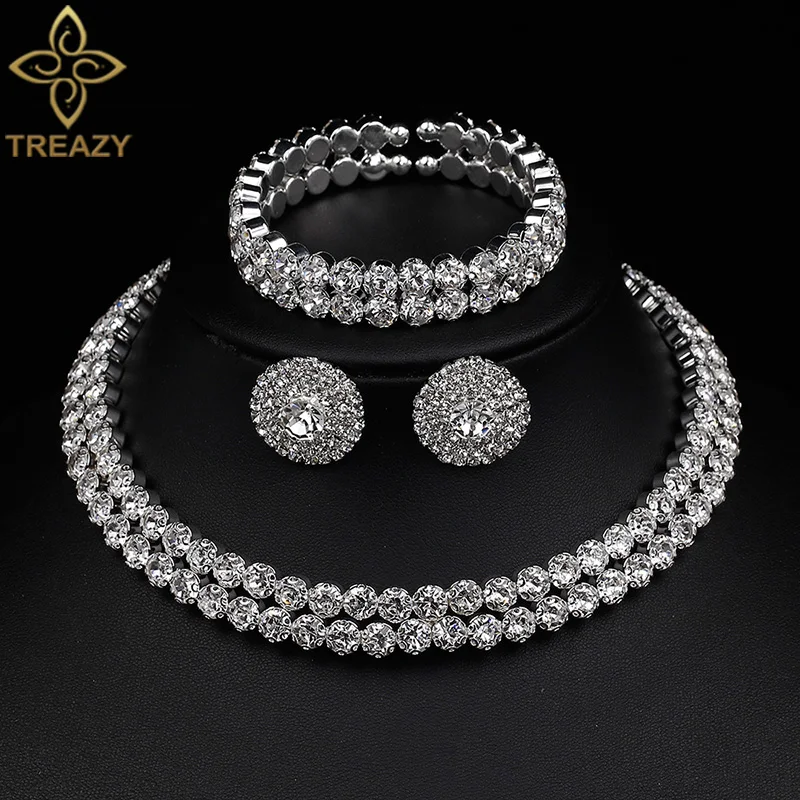 TREAZY Luxury Crystal Bridal Jewelry Sets African Rhinestone Choker Necklace Earrings Bracelet Set For Women Wedding Accessories bridal jewelry sets crystal jewelry sets