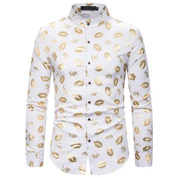 

Men's Shirts Bronzing Print Long Sleeve Blouse Male Fashion Dress Shirts Slim Top New Arrival White Silver Gold