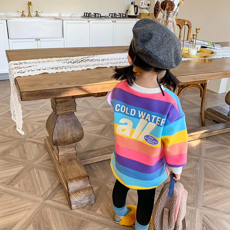 Winter New Arrival korean style cotton thickened all-match casual rainbow hoodie dress for fashion cute sweet baby girls