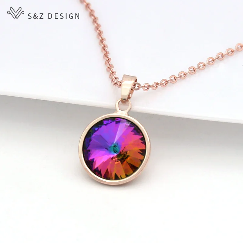 S&Z DESIGN New Fashion Round Crystal Pendant Necklace For Women Wedding Jewelry Lover Gift 585 Rose Gold Color