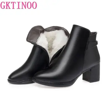 

GKTINOO Winter Women Ankle Boots Round Toe High Heels Women Booties Genuine Leather Warm Wool Boots Women Shoes Big Size 41 42