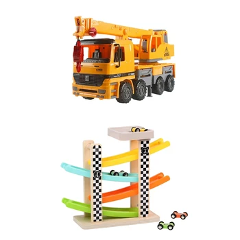 

Friction Powered Crane Truck Vehicle Toy & Boy and Girl Gifts Wooden Race Track Car Ramp Racer with 4 Mini Cars