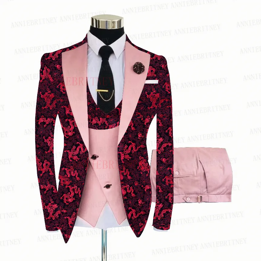 Red Floral Jacquard Wedding Suit For Men 3 Pieces Tailored Shiny Blazer Masculino Slim Fit Tuxedo Set Conjuntos De Chaqueta