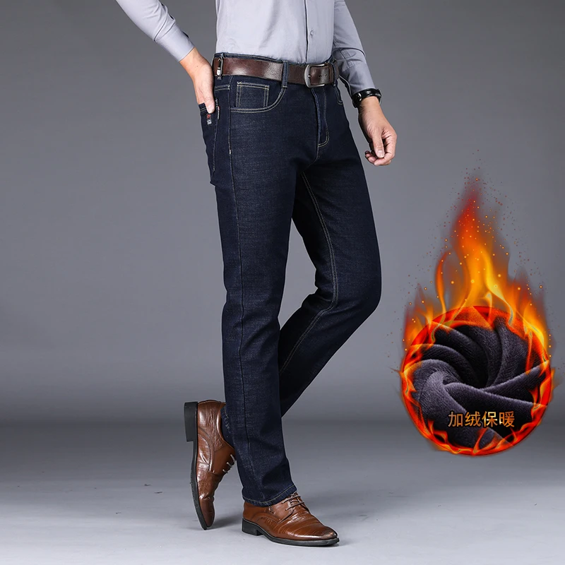 Xuansheng флисовые мужские джинсы классические прямые стрейч синий черный уличная одежда Бизнес повседневные толстые теплые длинные штаны джинсы