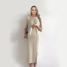 Sisjuly Осень Корейский Стиль Вязаное Платье Женщины Элегантный Бежевый Половина Рукава Кнопка Винтаж Летняя Школа Черный Тонкий Сексуальный Bodycon Платья