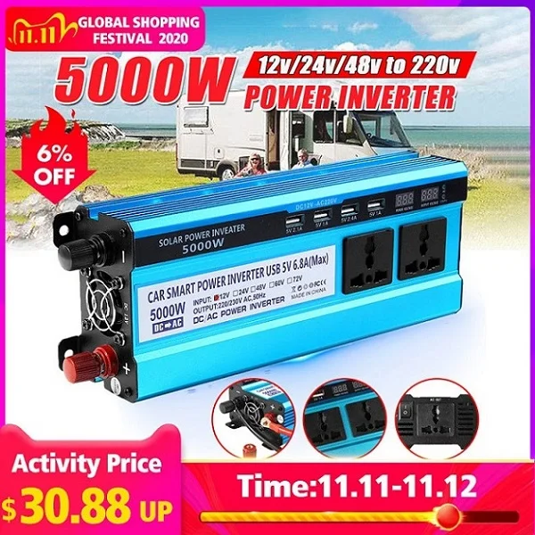 Solar Car Home Power Inverter 12V 24V 48V to 220V
