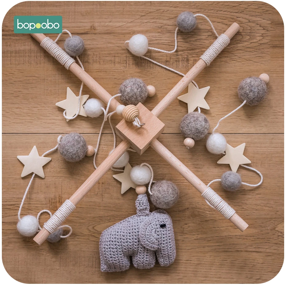 Bopoobo 1set Silicone Beads Baby Mobile Beech Wood Bird Rattles Wool Balls Kid Room Bed Hanging Decor Nursing Children Products