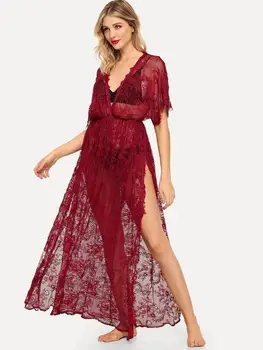 

Sexy Night Dress Women Sleepwear Nightgowns Lace Mesh Pajamas Transparent Robe Bathrobe Elegant Nightwear See Through Sleep Wear