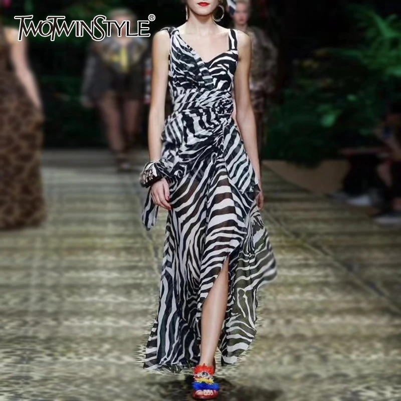 

TWOTWINSTYLE Asymmetrical Dress Women Square Collar Spaghetti Strap High Waist Rufffles Irregular Dresses For Female Fashion New