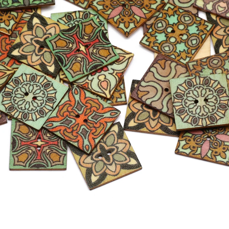 50pcs 25mm Mixed Vintage Pattern Wooden Buttons Square 2 Hole Sewing Button for Kid's Clothing Scrapbooking DIY Craft Decoration