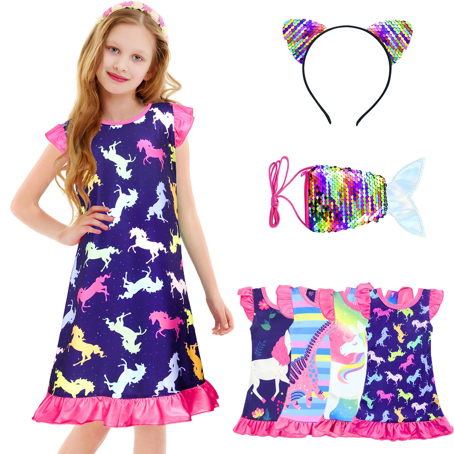 Pijama vestido camisón para niñas verano vestido de princesa para niños dormir en casa vestido de dibujos animados lindo camisón de volantes de las niñas ropa de dormir traje