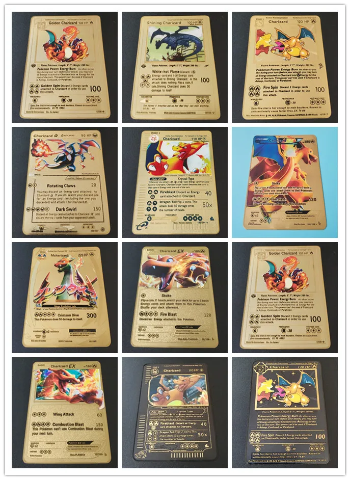 

12 style Pokemon Game Anime Battle Gold Metal Card Charizard Pikachu Collection Card Action Figure Model Child Toys for children